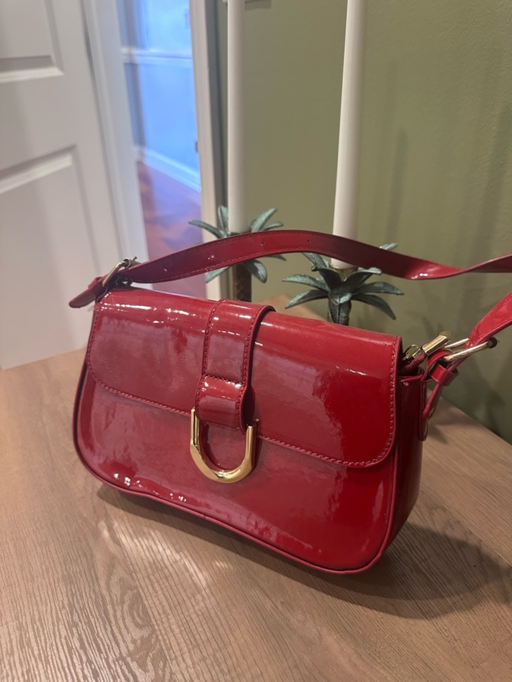 Red Patent Shoulder Bag with Gold Hardware